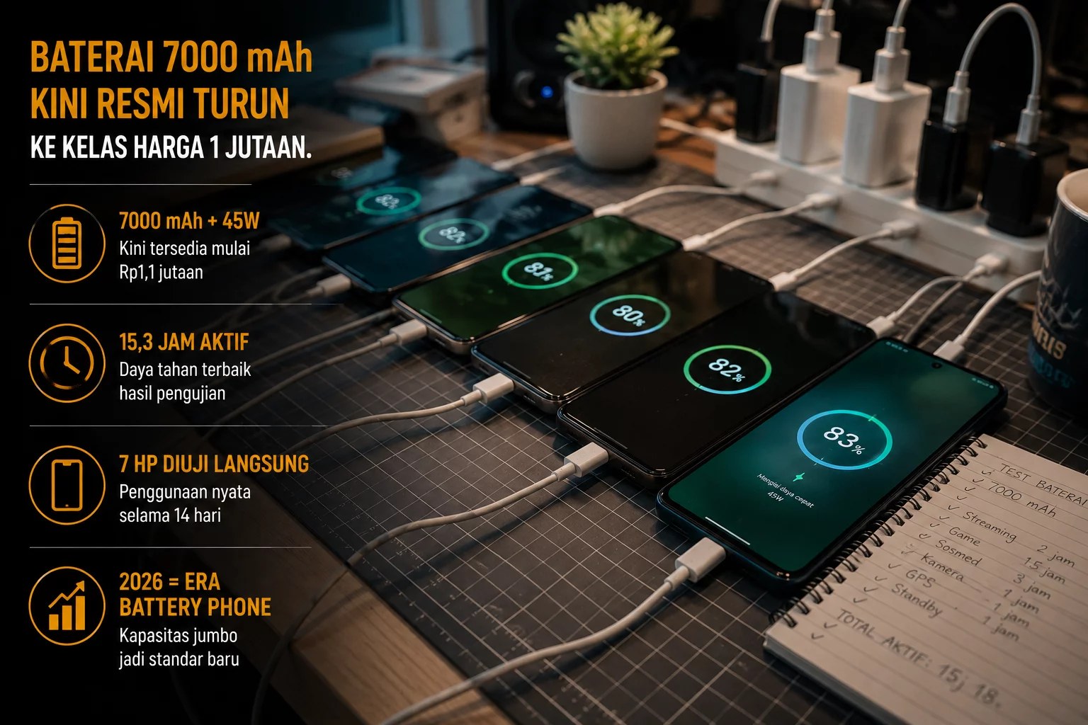 7 HP 1 Jutaan Baterai 7000 mAh Terbaik Mei 2026, Tahan Seharian dan Charging Cepat 45W