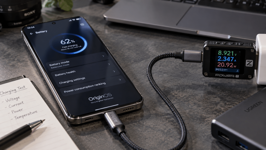Unit Vivo X500 Series terhubung dengan kabel pengisian daya cepat di stasiun uji coba performa.