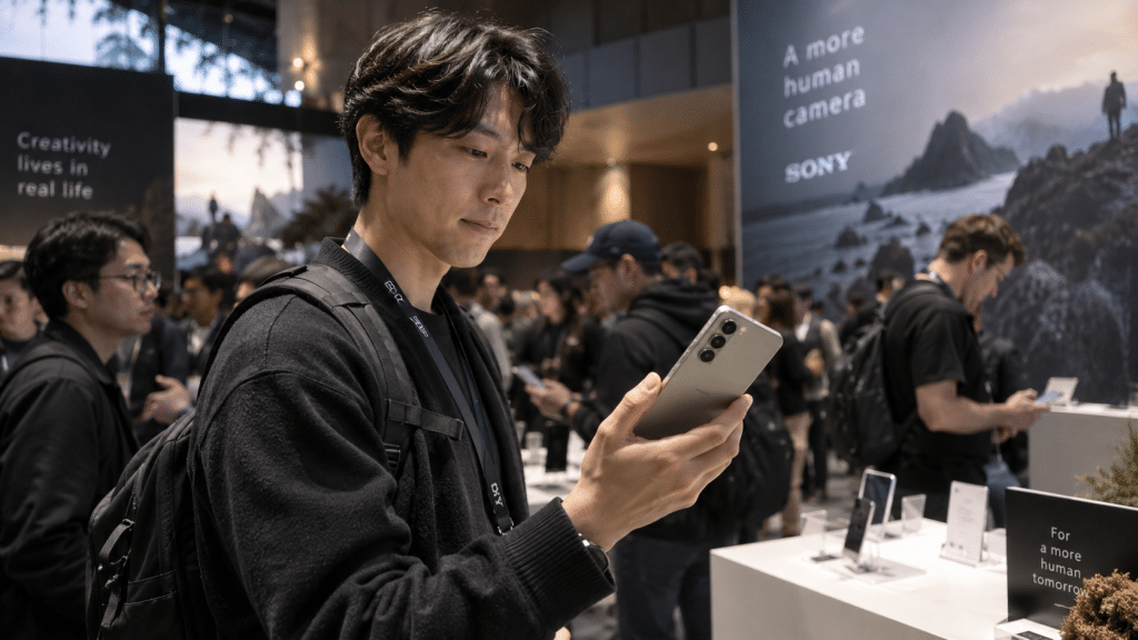 Pengunjung menguji ketahanan dan bobot fisik Vivo X500 Series di zona experience.