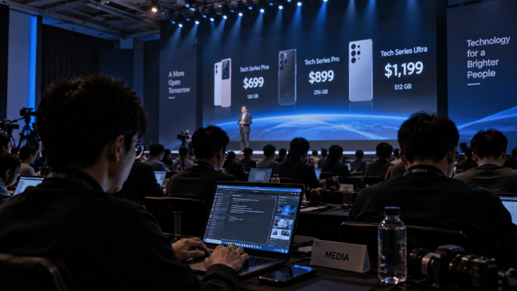Panggung utama peluncuran memperlihatkan grafik harga resmi varian Vivo X500 Series.