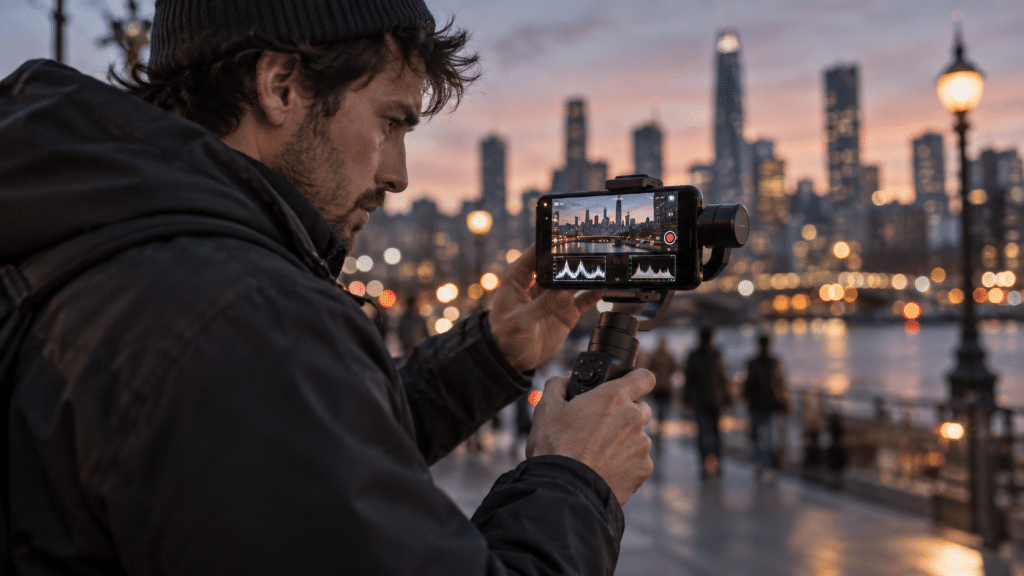 Seorang kreator menggunakan Vivo X500 Series pada tripod rig untuk merekam video sinematik.