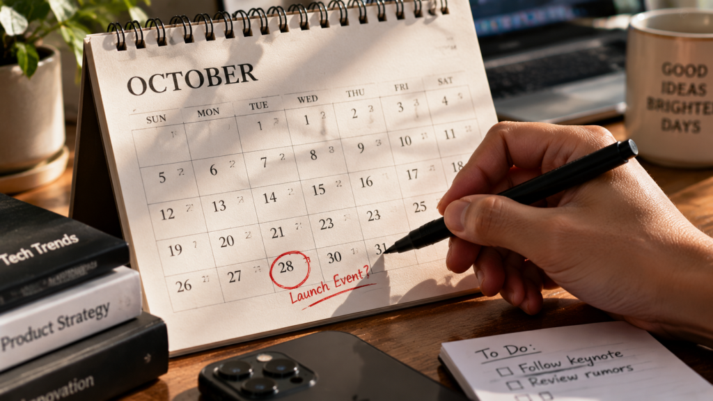 Aksesori iPad Mini Baru Diam-diam Muncul di Situs Apple Prancis: Smart Folio A3632 vs Smart Folio Lama 6 Seseorang melingkari tanggal 28 pada kalender meja fisik bulan Oktober menggunakan spidol hitam, menanti jadwal peluncuran produk teknologi.