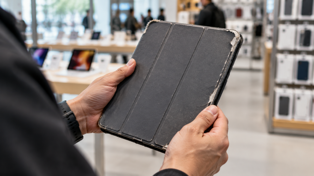 Aksesori iPad Mini Baru Diam-diam Muncul di Situs Apple Prancis: Smart Folio A3632 vs Smart Folio Lama 7 Pengguna memegang tablet berukuran 8 inci yang mengenakan casing folio usang dan terkelupas, mempertimbangkan untuk membeli yang baru.